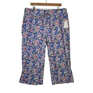 Land N Sea Blue‎ Tropical Floral Print Linen Blend Pull-On Pants Womens Size XL